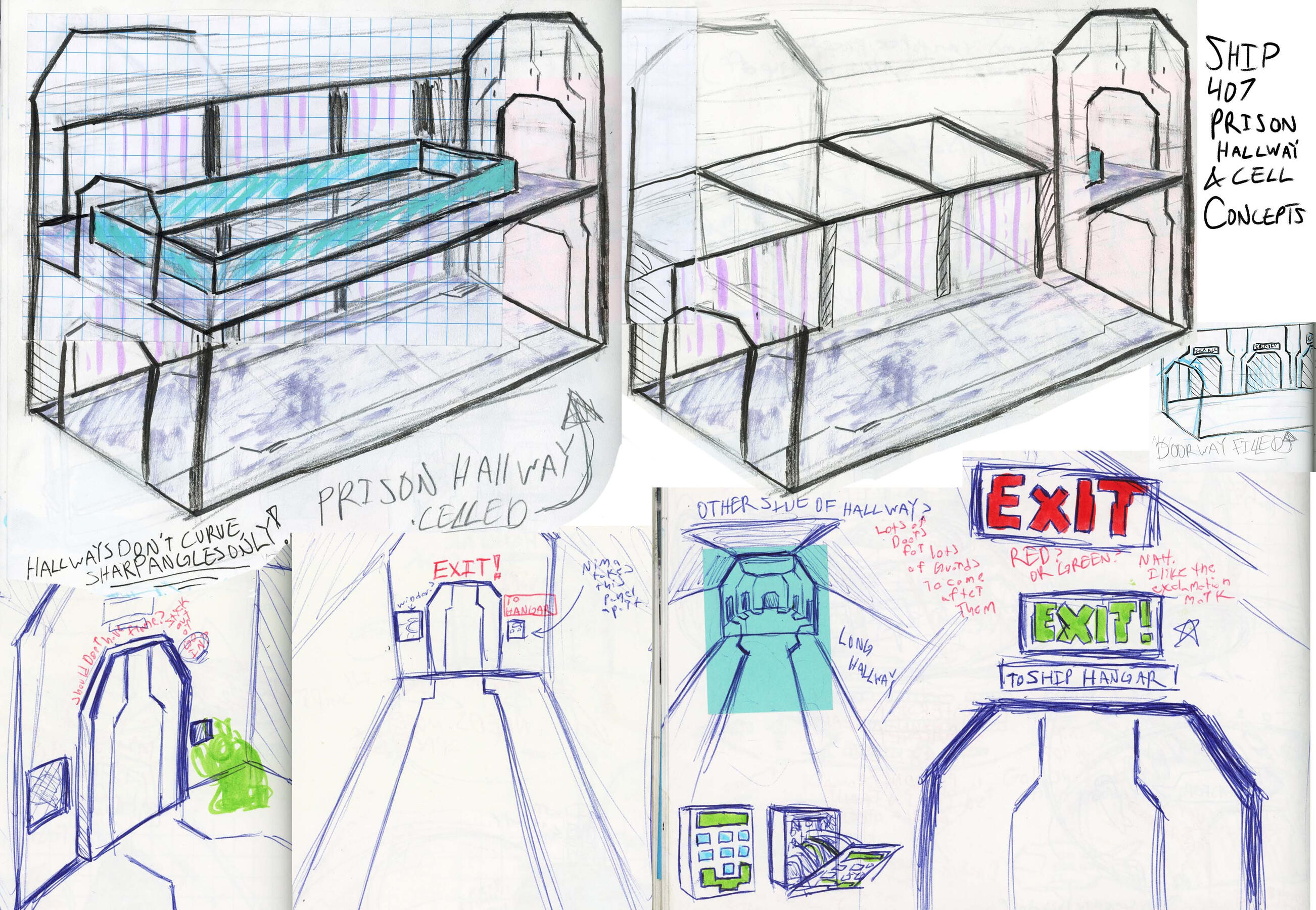 Prison Hallway and Cell Concept sketches